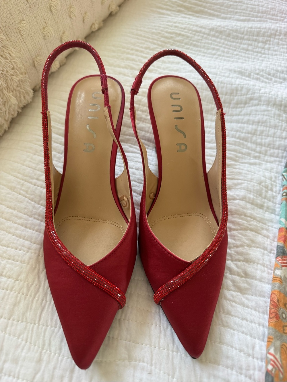 Unisa Red Pointed Slingback Heels with Ruby Red Beaded Trim